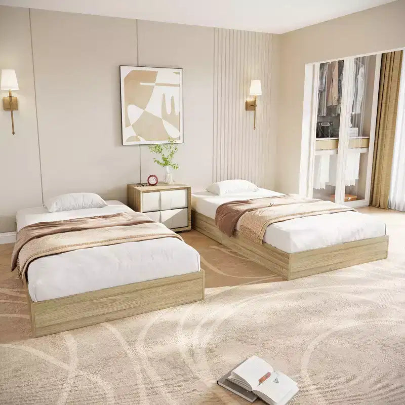 Letto a piattaforma singolo in legno, doghe in legno massello, giroletto da pavimento, design moderno minimalista, salvaspazio, non richiede la rete a molle