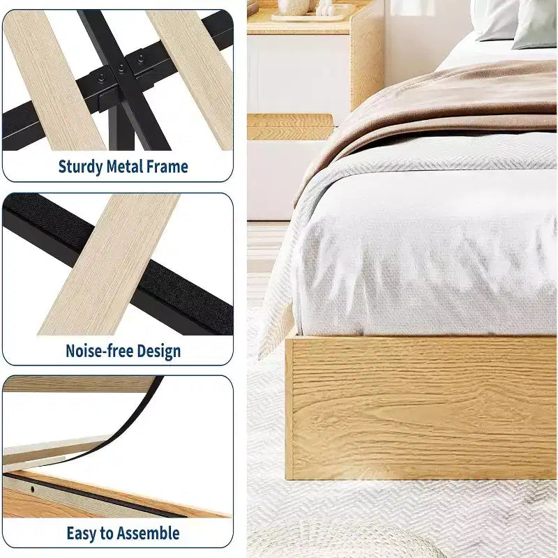 Letto a piattaforma singolo in legno, doghe in legno massello, giroletto da pavimento, design moderno minimalista, salvaspazio, non richiede la rete a molle