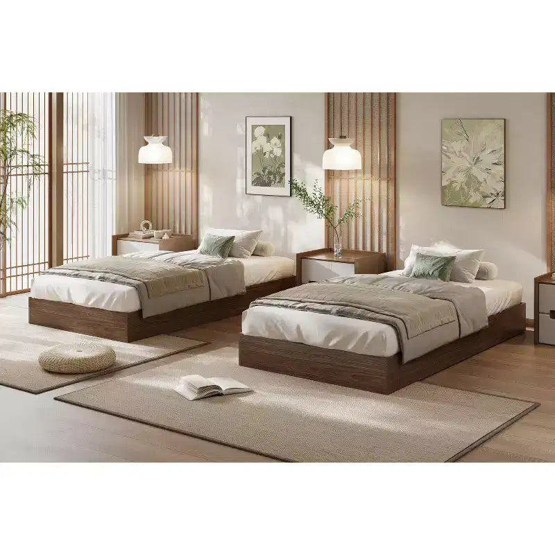 Letto a piattaforma singolo in legno, doghe in legno massello, giroletto da pavimento, design moderno minimalista, salvaspazio, non richiede la rete a molle