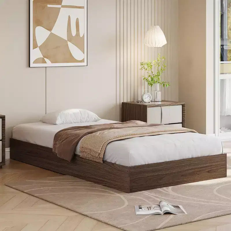 Letto a piattaforma singolo in legno, doghe in legno massello, giroletto da pavimento, design moderno minimalista, salvaspazio, non richiede la rete a molle