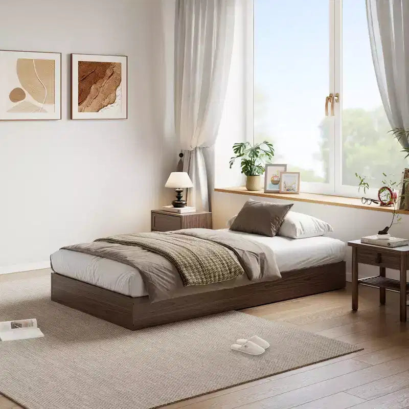 Letto a piattaforma singolo in legno, doghe in legno massello, giroletto da pavimento, design moderno minimalista, salvaspazio, non richiede la rete a molle