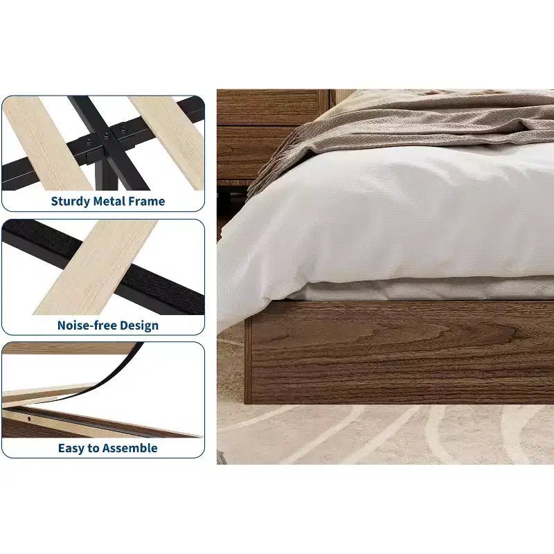 Letto a piattaforma singolo in legno, doghe in legno massello, giroletto da pavimento, design moderno minimalista, salvaspazio, non richiede la rete a molle