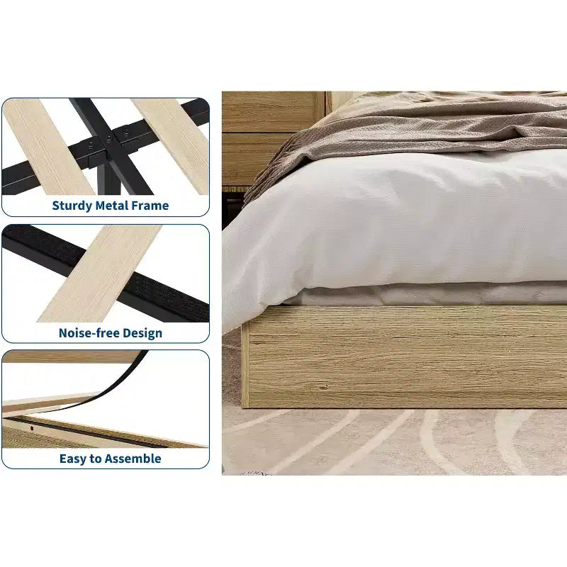 Letto a piattaforma singolo in legno, doghe in legno massello, giroletto da pavimento, design moderno minimalista, salvaspazio, non richiede la rete a molle