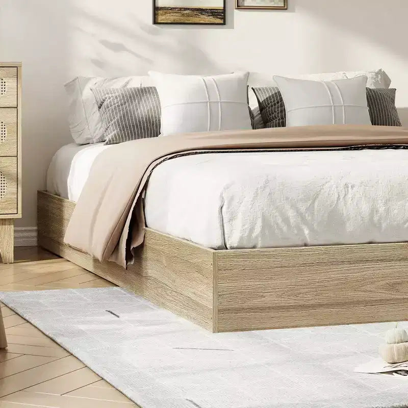 Letto a piattaforma singolo in legno, doghe in legno massello, giroletto da pavimento, design moderno minimalista, salvaspazio, non richiede la rete a molle