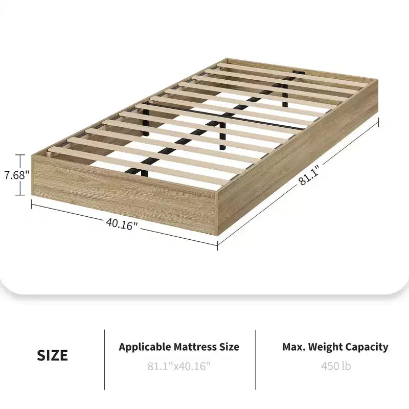 Letto a piattaforma singolo in legno, doghe in legno massello, giroletto da pavimento, design moderno minimalista, salvaspazio, non richiede la rete a molle
