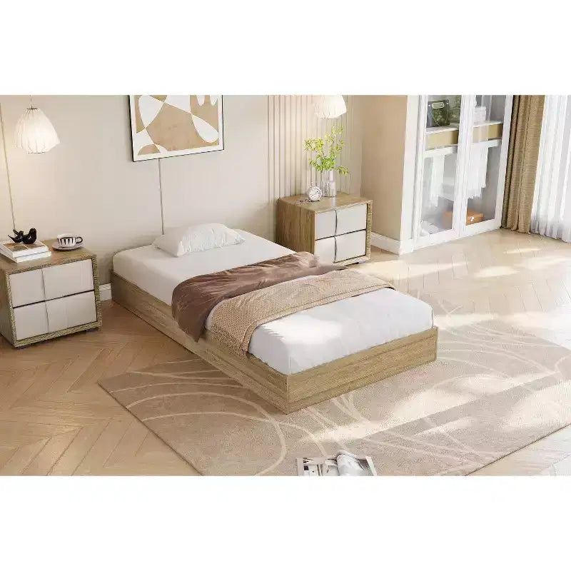 Letto a piattaforma singolo in legno, doghe in legno massello, giroletto da pavimento, design moderno minimalista, salvaspazio, non richiede la rete a molle
