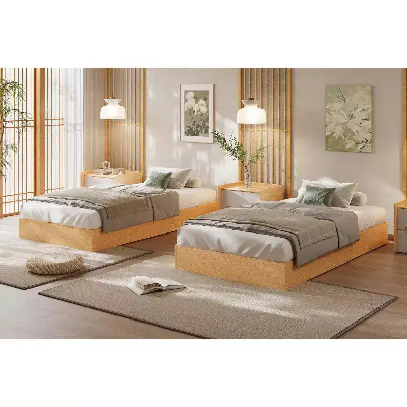 Letto a piattaforma singolo in legno, doghe in legno massello, giroletto da pavimento, design moderno minimalista, salvaspazio, non richiede la rete a molle