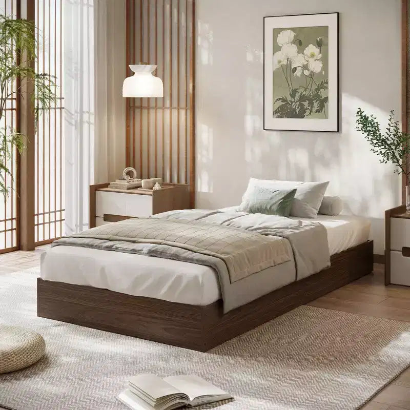 Letto a piattaforma singolo in legno, doghe in legno massello, giroletto da pavimento, design moderno minimalista, salvaspazio, non richiede la rete a molle