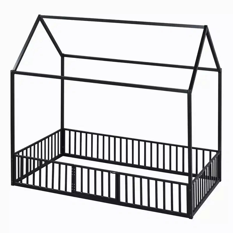 Letto a terra in metallo a forma di casetta bianco e nero con porta e ringhiere per bambini e ragazzi
