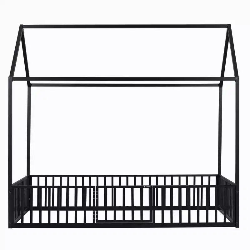 Letto a terra in metallo a forma di casetta bianco e nero con porta e ringhiere per bambini e ragazzi