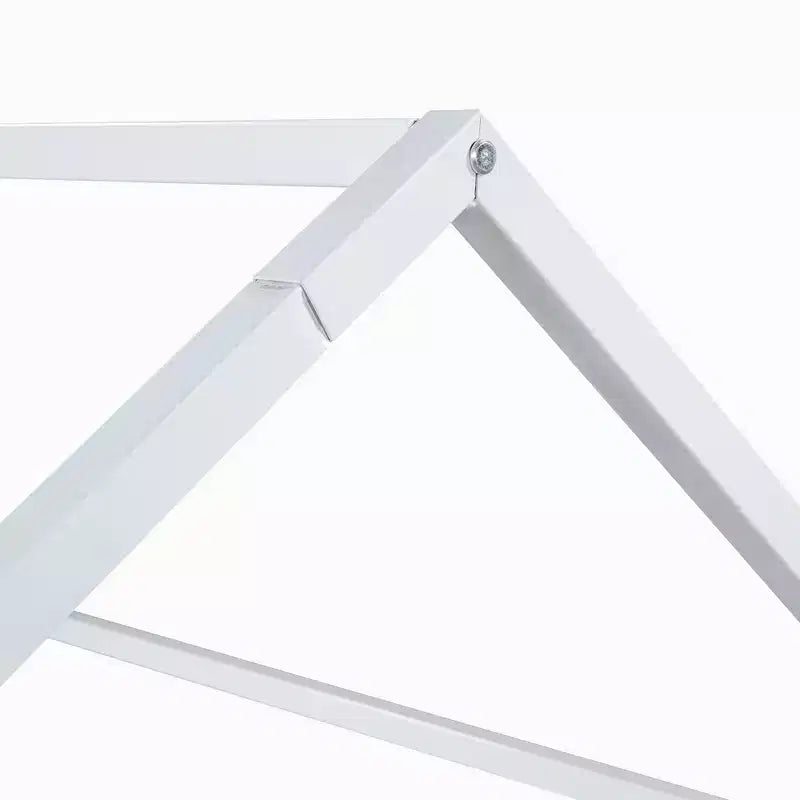 Letto a terra in metallo a forma di casetta bianco e nero con porta e ringhiere per bambini e ragazzi