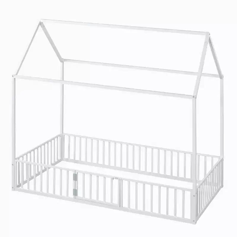 Letto a terra in metallo a forma di casetta bianco e nero con porta e ringhiere per bambini e ragazzi