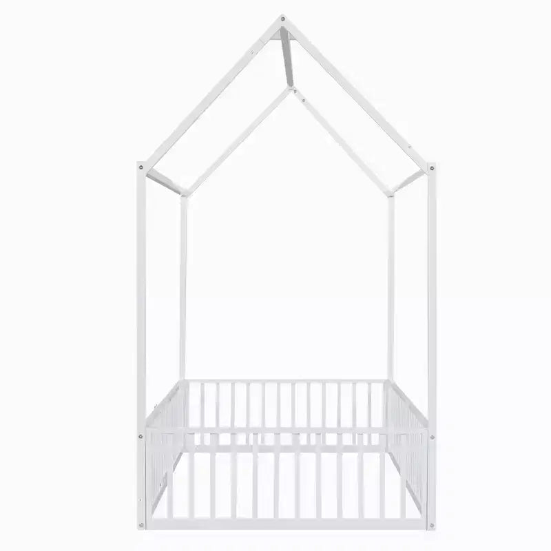 Letto a terra in metallo a forma di casetta bianco e nero con porta e ringhiere per bambini e ragazzi