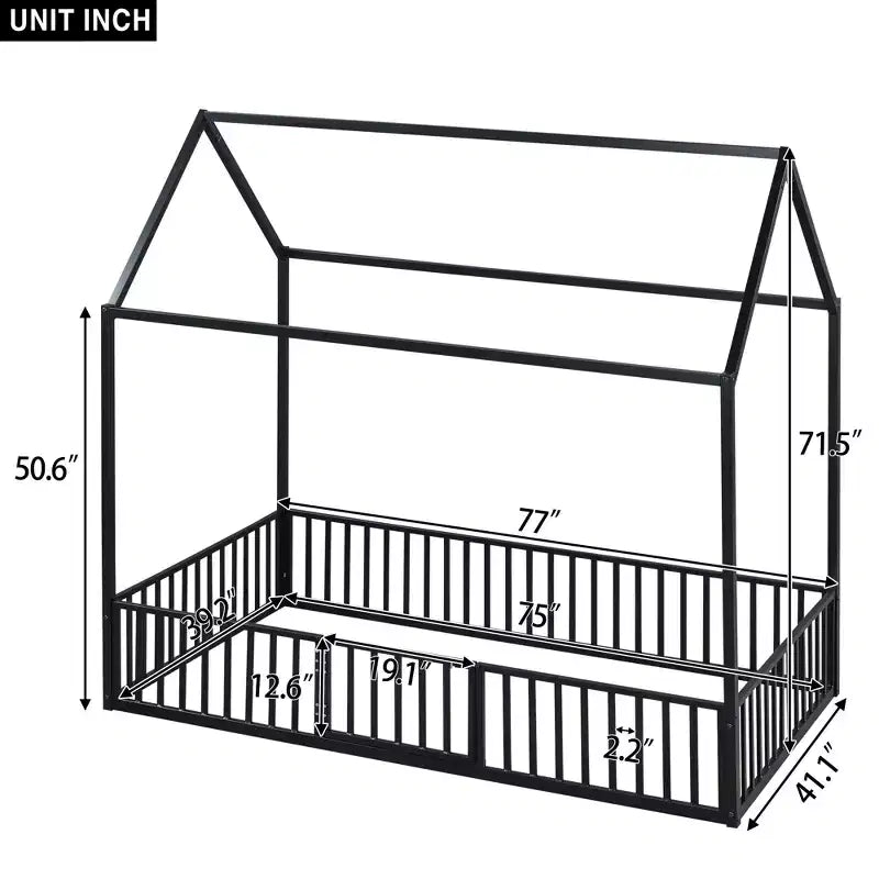 Letto a terra in metallo a forma di casetta bianco e nero con porta e ringhiere per bambini e ragazzi