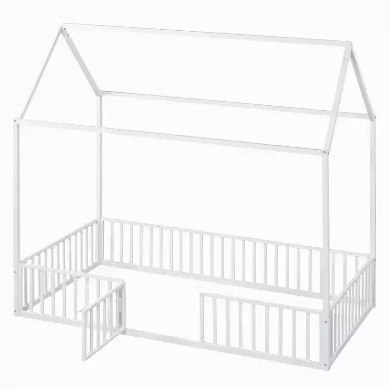 Letto a terra in metallo a forma di casetta bianco e nero con porta e ringhiere per bambini e ragazzi