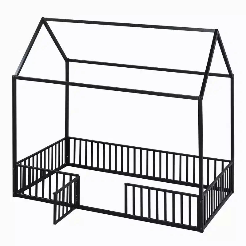 Letto a terra in metallo a forma di casetta bianco e nero con porta e ringhiere per bambini e ragazzi