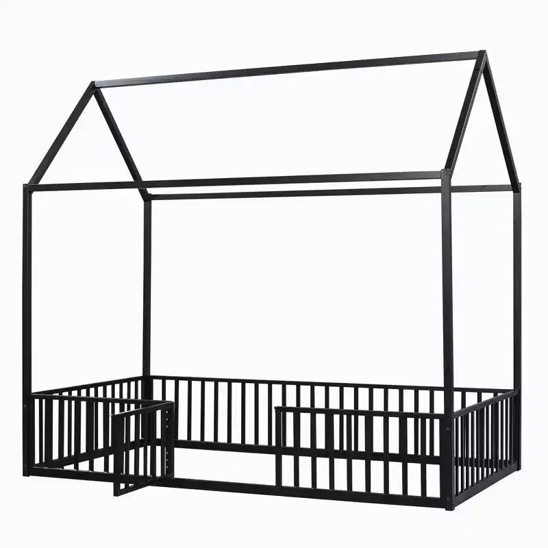 Letto a terra in metallo a forma di casetta bianco e nero con porta e ringhiere per bambini e ragazzi