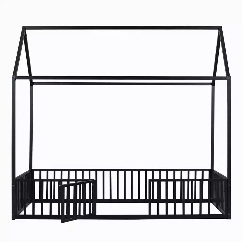 Letto a terra in metallo a forma di casetta bianco e nero con porta e ringhiere per bambini e ragazzi