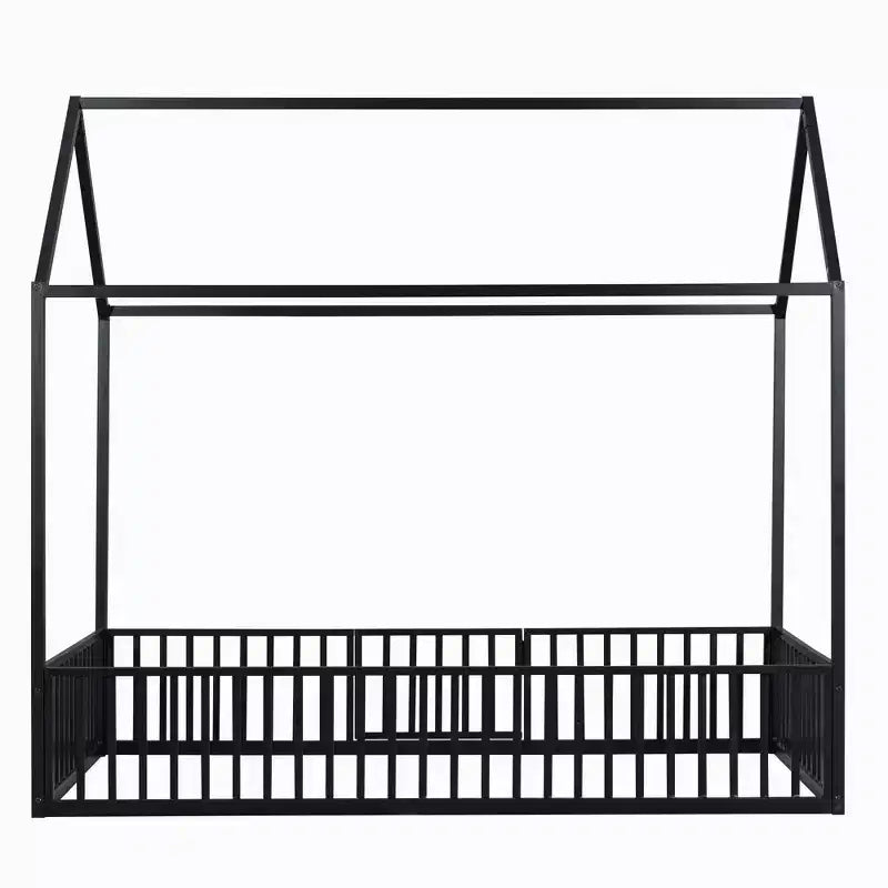 Letto a terra in metallo a forma di casetta bianco e nero con porta e ringhiere per bambini e ragazzi