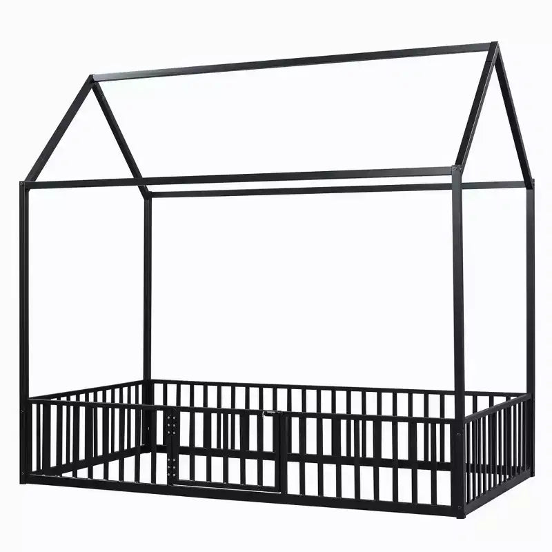 Letto a terra in metallo a forma di casetta bianco e nero con porta e ringhiere per bambini e ragazzi