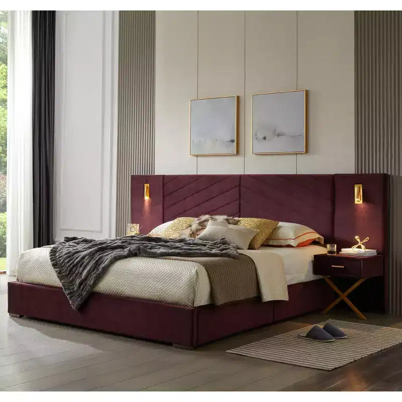 Struttura letto imbottita con testiera ad ali in velluto blu/rosso vino con luci LED e 2 comodini – Queen/King, 1 persona