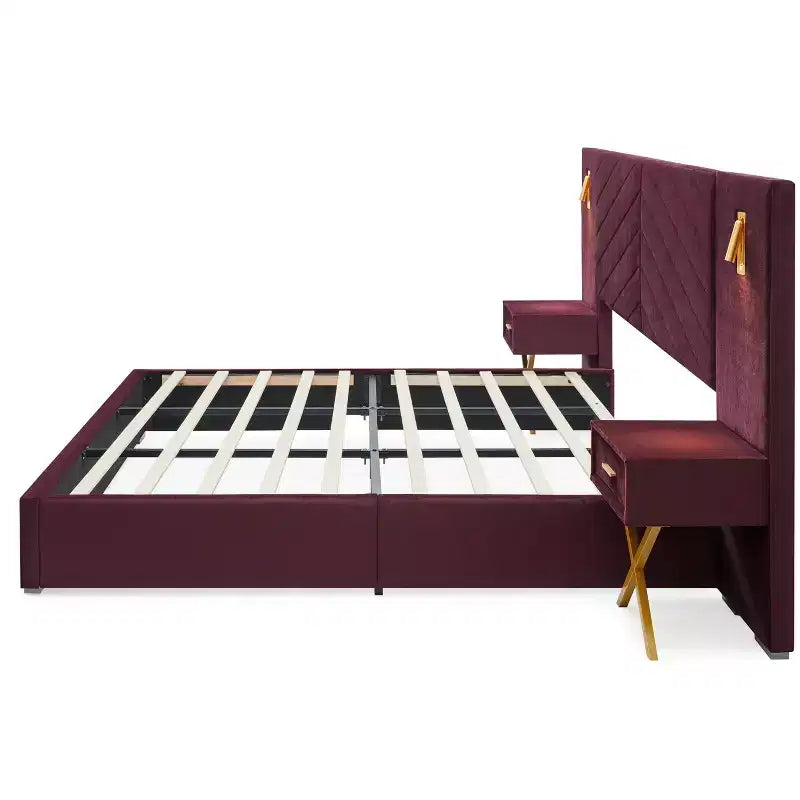 Struttura letto imbottita con testiera ad ali in velluto blu/rosso vino con luci LED e 2 comodini – Queen/King, 1 persona