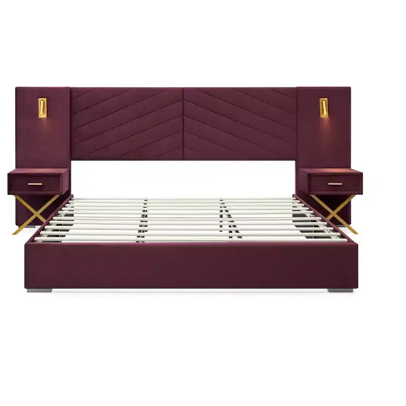 Struttura letto imbottita con testiera ad ali in velluto blu/rosso vino con luci LED e 2 comodini – Queen/King, 1 persona