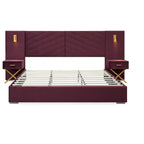 Struttura letto imbottita con testiera ad ali in velluto blu/rosso vino con luci LED e 2 comodini – Queen/King, 1 persona
