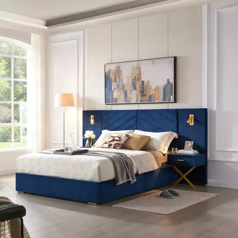 Struttura letto imbottita con testiera ad ali in velluto blu/rosso vino con luci LED e 2 comodini – Queen/King, 1 persona