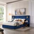 Struttura letto imbottita con testiera ad ali in velluto blu/rosso vino con luci LED e 2 comodini – Queen/King, 1 persona