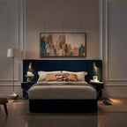 Struttura letto imbottita con testiera ad ali in velluto blu/rosso vino con luci LED e 2 comodini – Queen/King, 1 persona