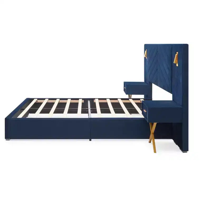 Struttura letto imbottita con testiera ad ali in velluto blu/rosso vino con luci LED e 2 comodini – Queen/King, 1 persona