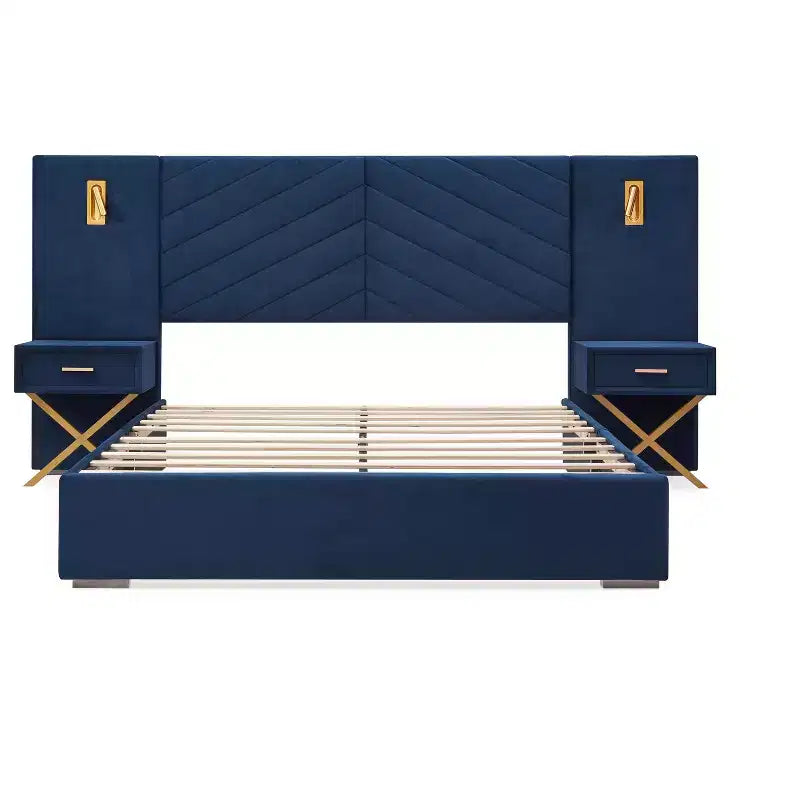 Struttura letto imbottita con testiera ad ali in velluto blu/rosso vino con luci LED e 2 comodini – Queen/King, 1 persona