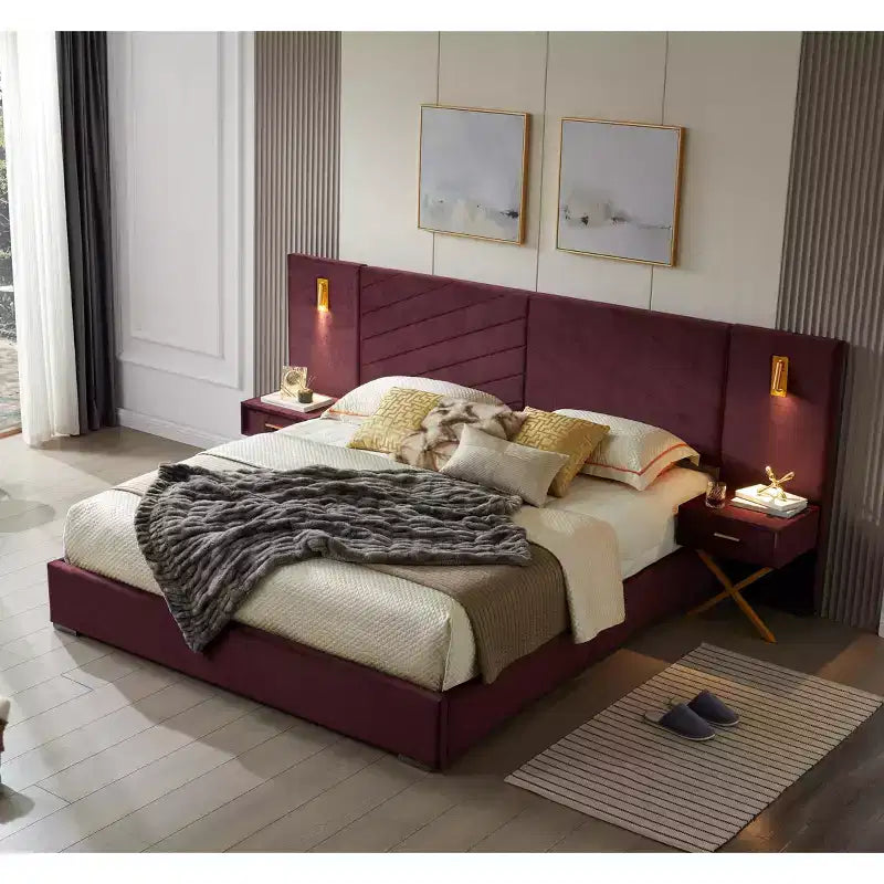 Struttura letto imbottita con testiera ad ali in velluto blu/rosso vino con luci LED e 2 comodini – Queen/King, 1 persona