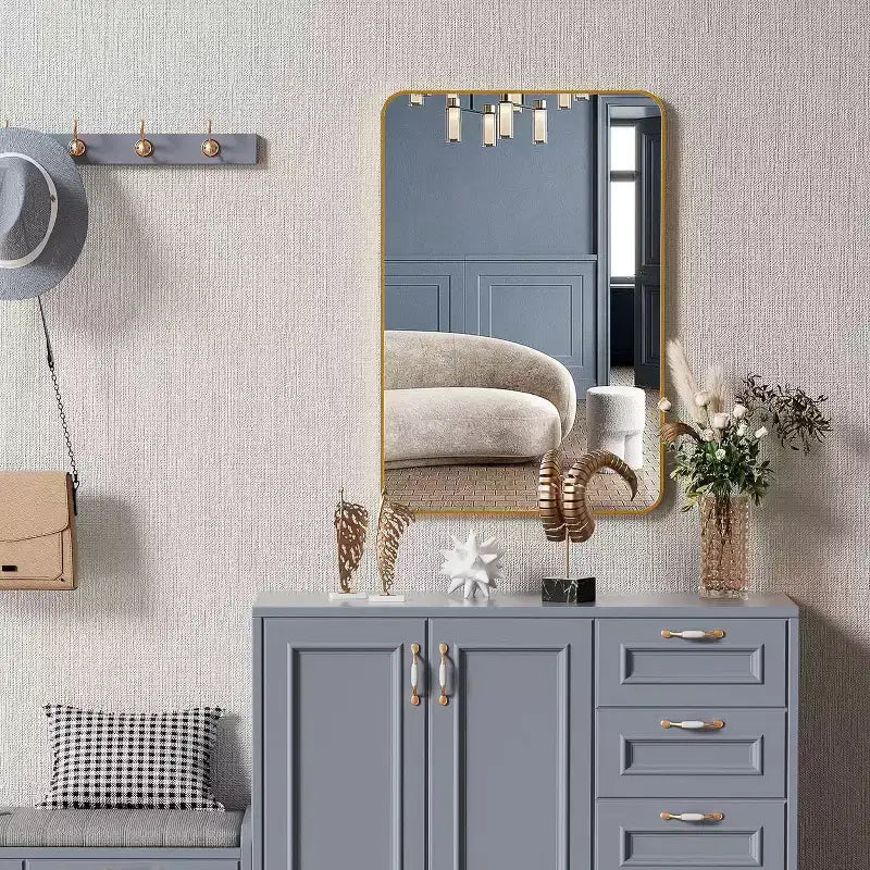 Specchio da parete rettangolare con cornice in alluminio dorato, 24x36 pollici, singolo