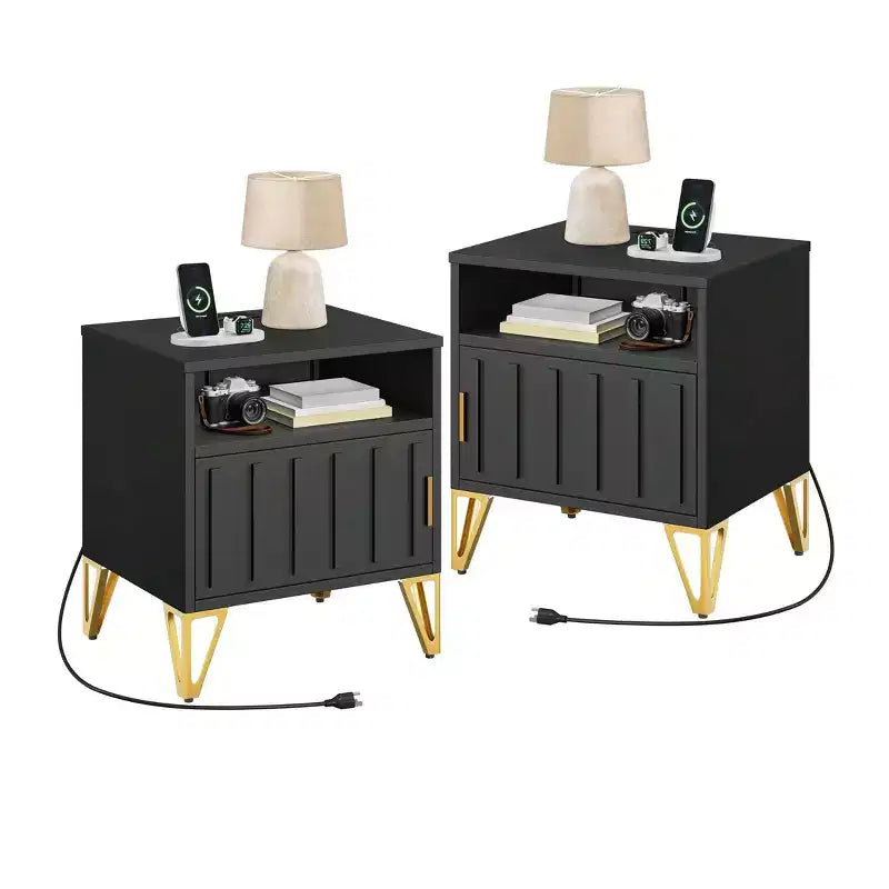 Modern Black Nightstands Set of 2 with Charging Station - Compact Bedside Tables for Living Room or Bedroom