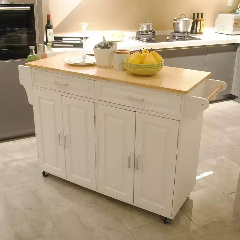 Carrello da Cucina Bianco con Piano in Legno di Caucciù, Ante e Cassetti
