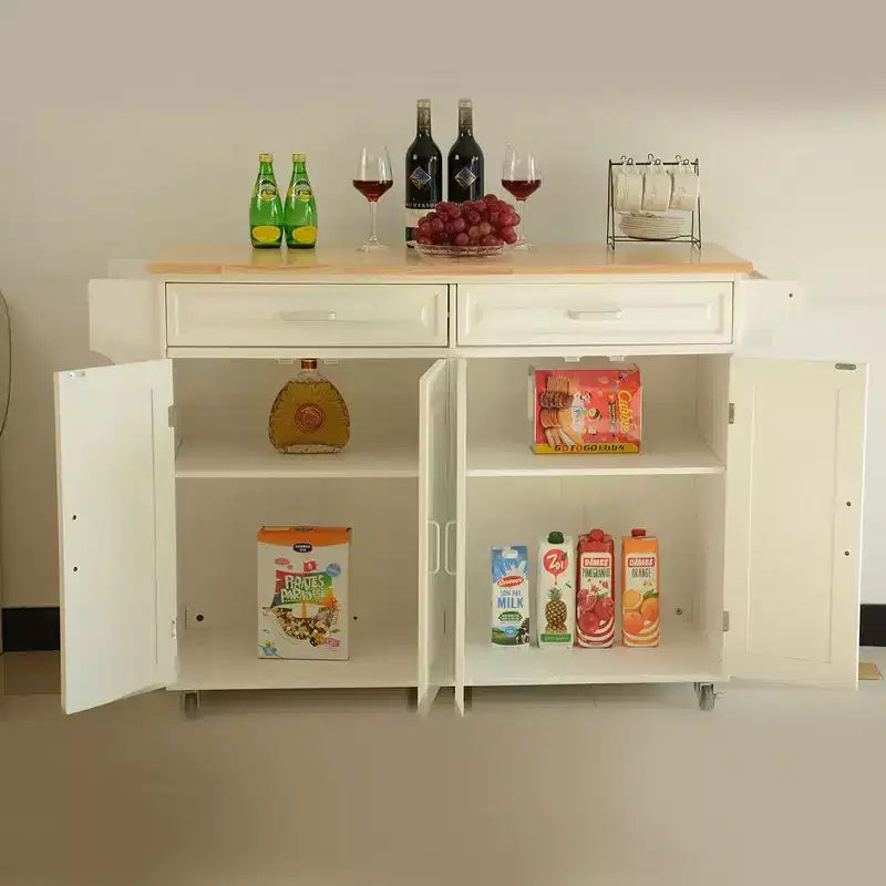 Carrello da Cucina Bianco con Piano in Legno di Caucciù, Ante e Cassetti