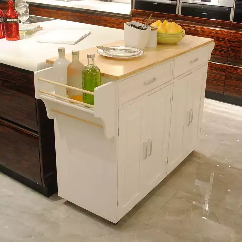 Carrello da Cucina Bianco con Piano in Legno di Caucciù, Ante e Cassetti