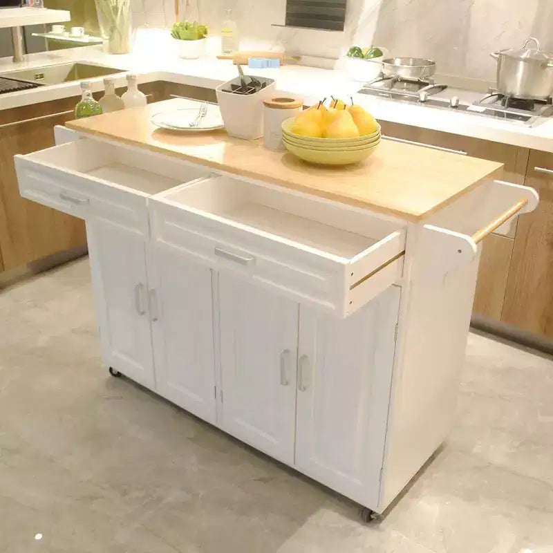 Carrello da Cucina Bianco con Piano in Legno di Caucciù, Ante e Cassetti