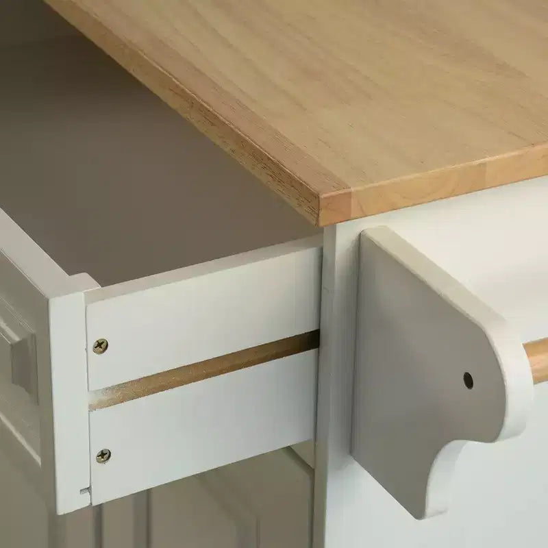 Carrello da Cucina Bianco con Piano in Legno di Caucciù, Ante e Cassetti