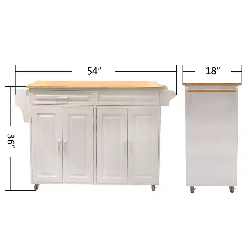 Carrello da Cucina Bianco con Piano in Legno di Caucciù, Ante e Cassetti