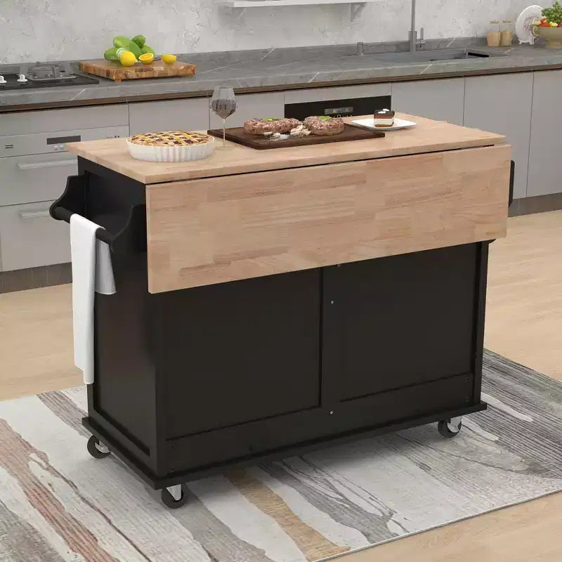 Isola Cucina con Piano a Ribalta e Anta Scorrevole Stile Fienile, 2 Cassetti – Nero/Bianco