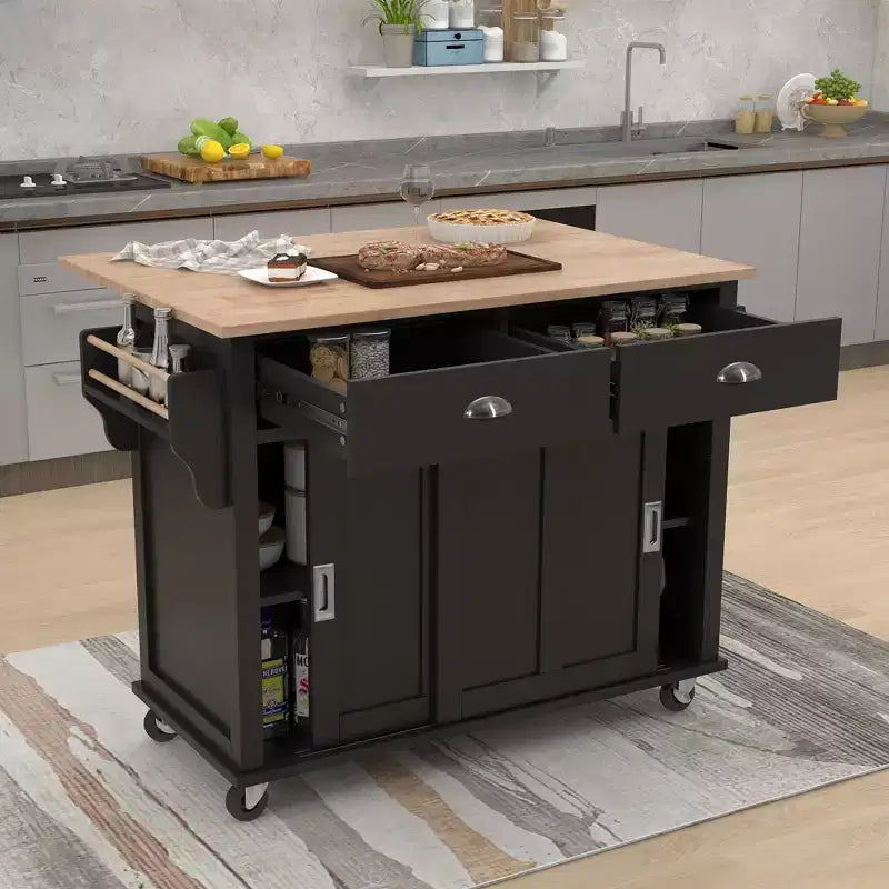 Isola Cucina con Piano a Ribalta e Anta Scorrevole Stile Fienile, 2 Cassetti – Nero/Bianco