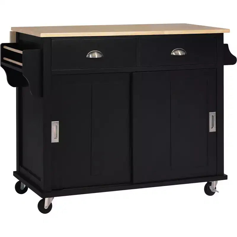 Isola Cucina con Piano a Ribalta e Anta Scorrevole Stile Fienile, 2 Cassetti – Nero/Bianco