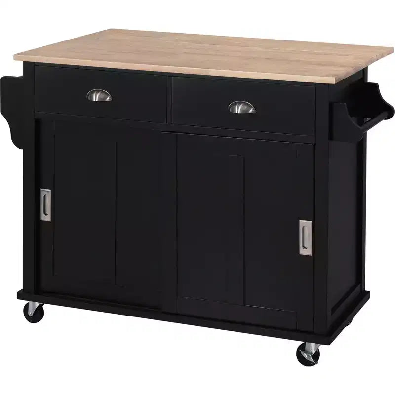 Isola Cucina con Piano a Ribalta e Anta Scorrevole Stile Fienile, 2 Cassetti – Nero/Bianco