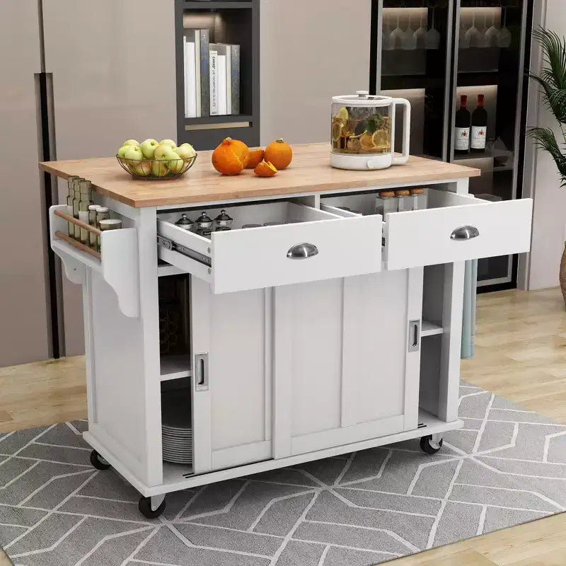 Isola Cucina con Piano a Ribalta e Anta Scorrevole Stile Fienile, 2 Cassetti – Nero/Bianco