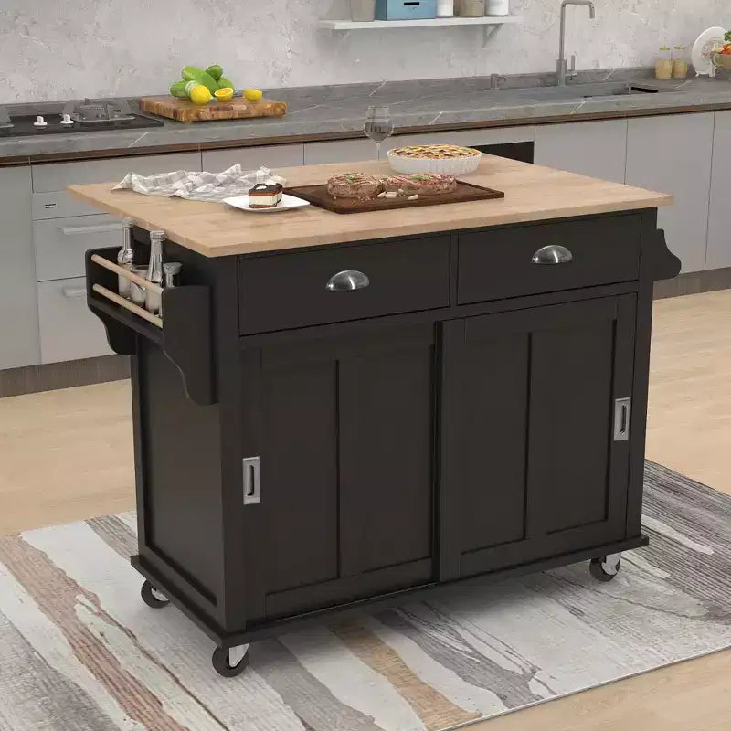 Isola Cucina con Piano a Ribalta e Anta Scorrevole Stile Fienile, 2 Cassetti – Nero/Bianco