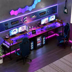 Scrivania da Gaming a L con Ciabatta e Luci a LED, Scrivania per Computer Reversibile a U con Supporto Monitor, Grande Postazione Angolare