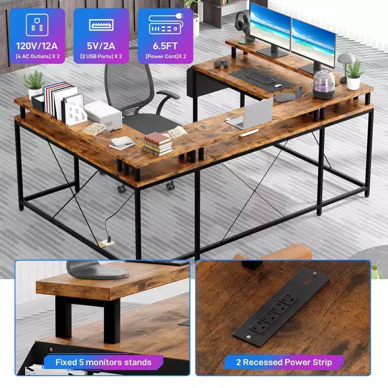 Scrivania da Gaming a L con Ciabatta e Luci a LED, Scrivania per Computer Reversibile a U con Supporto Monitor, Grande Postazione Angolare